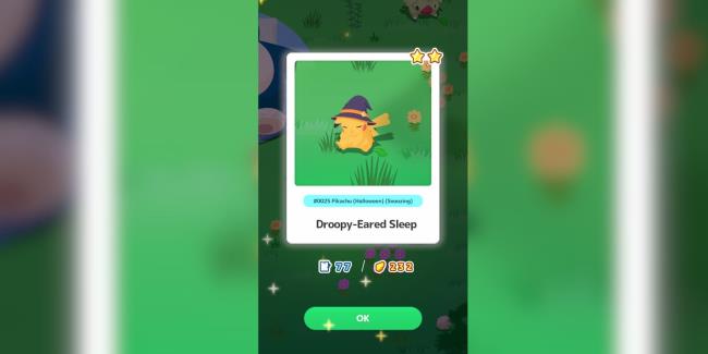 A screenshot of Pokemon Sleep showing the two star sleep-style for Pikachu (Halloween)