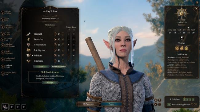 Ability Score Character Creator in Baldur's Gate 3 Shows Cleric Wood Elf Stats