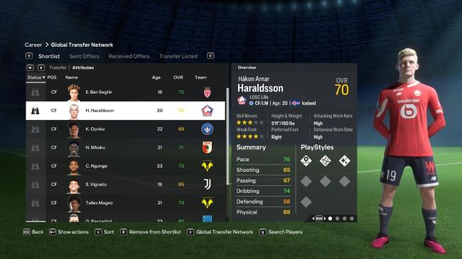 Overview of Lille football player Hákon Arnar Haraldsson in EA FC 24.